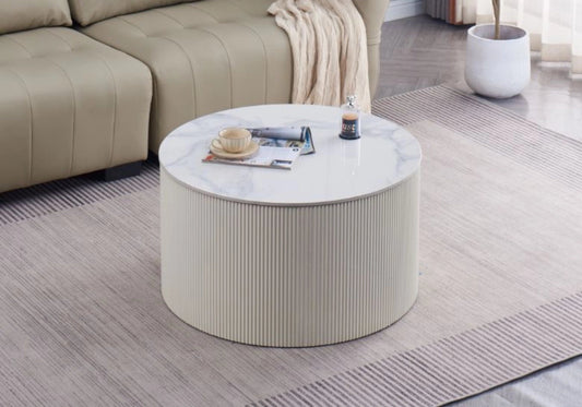 Table basse ronde marbre blanc à pied cannelé beige | Lumex