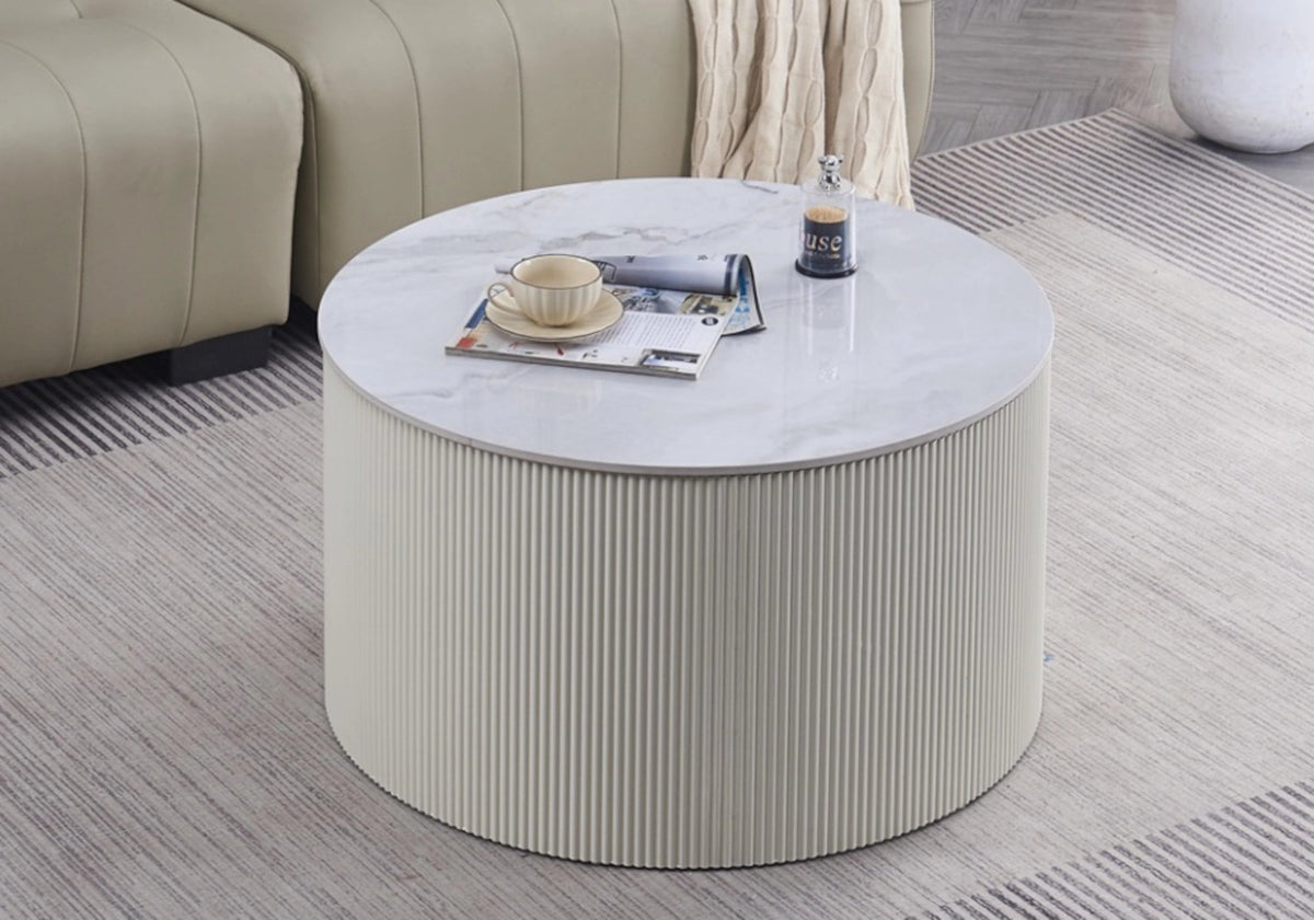 Table basse ronde marbre gris à pied cannelé beige | Lumex