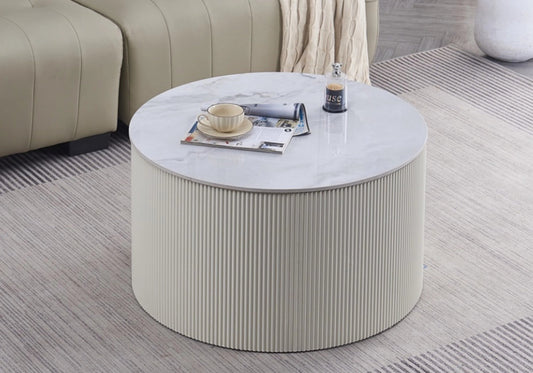 Table basse ronde marbre gris à pied cannelé beige | Lumex
