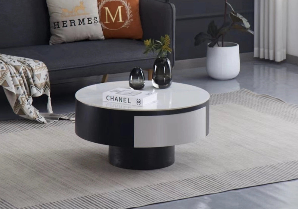 Table basse ronde noire et plateau verre blanc | Aurelia