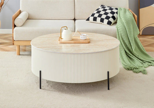 Table basse ronde travertin beige à pied cannelé | Vexto
