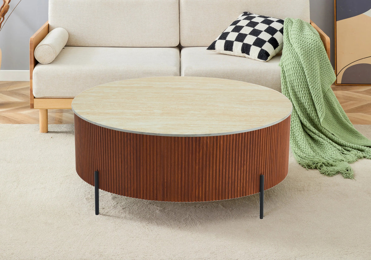 Table basse ronde travertin et pieds bois | Vexto