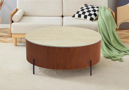Table basse ronde travertin et pieds bois | Vexto