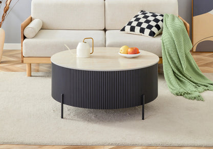 Table basse ronde travertin et pied cannelé noir | Vexto