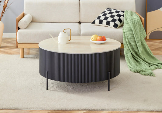 Table basse ronde travertin et pied cannelé noir | Vexto