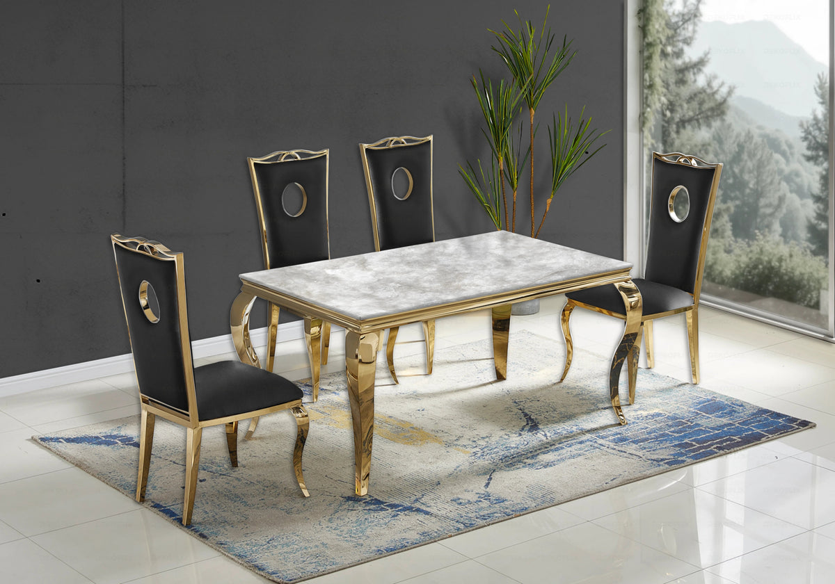 4 chaises médaillon baroque dorées simili noir | Kivo