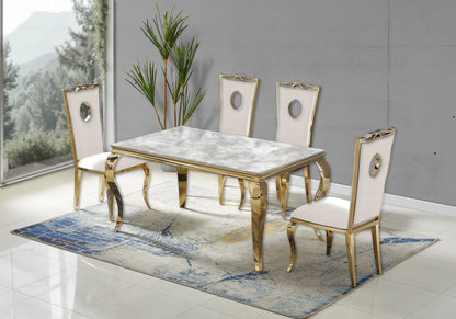 Ensemble table marbre beige et 4 chaises or | Halo