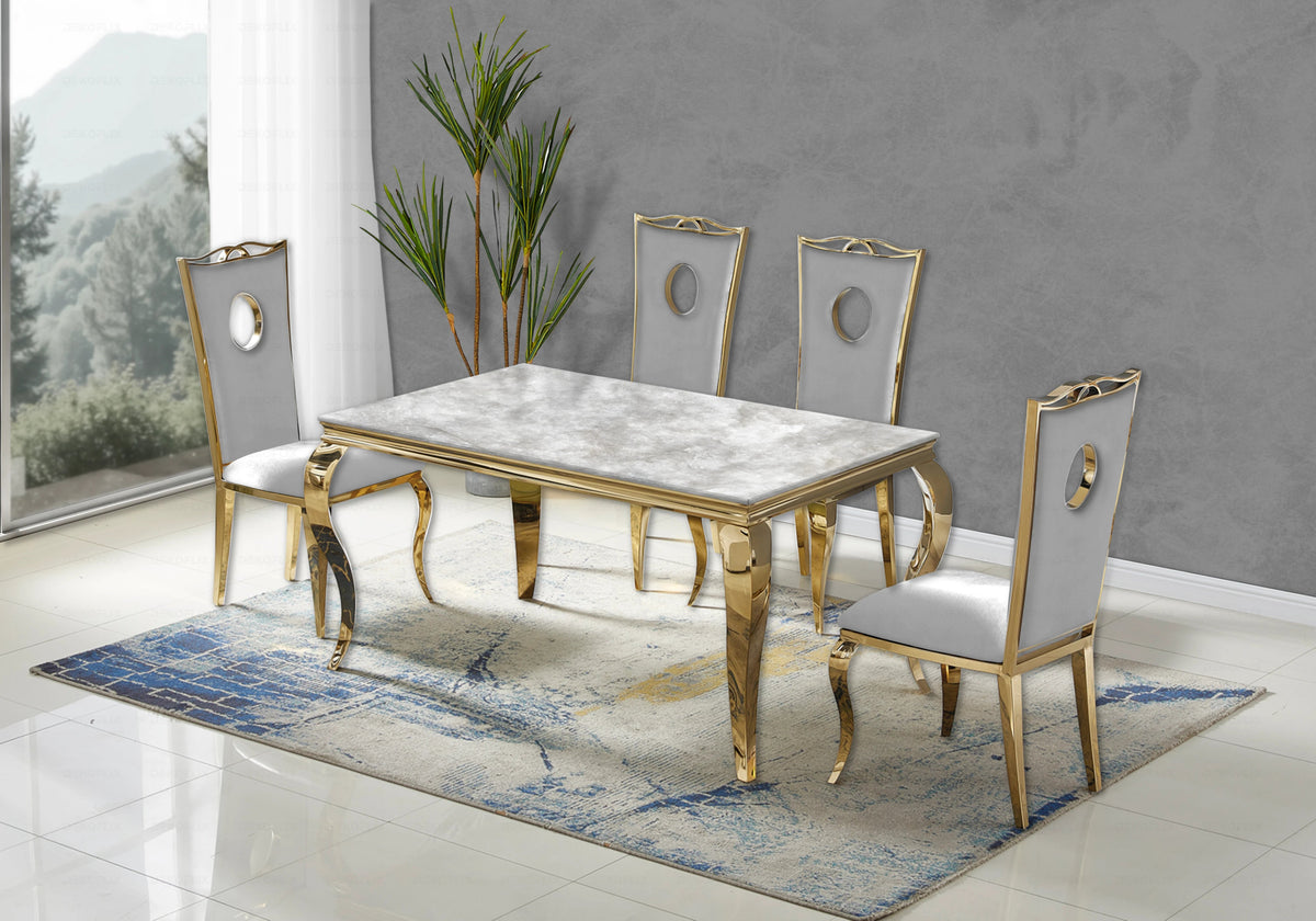 Ensemble table marbre beige et 4 chaises or | Halo