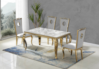 Ensemble table marbre beige et 4 chaises or | Halo