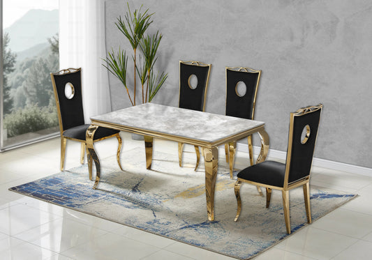 Ensemble table marbre beige et 4 chaises or | Halo