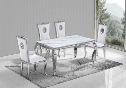 Ensemble table marbre blanc et 4 chaises argent | Halo