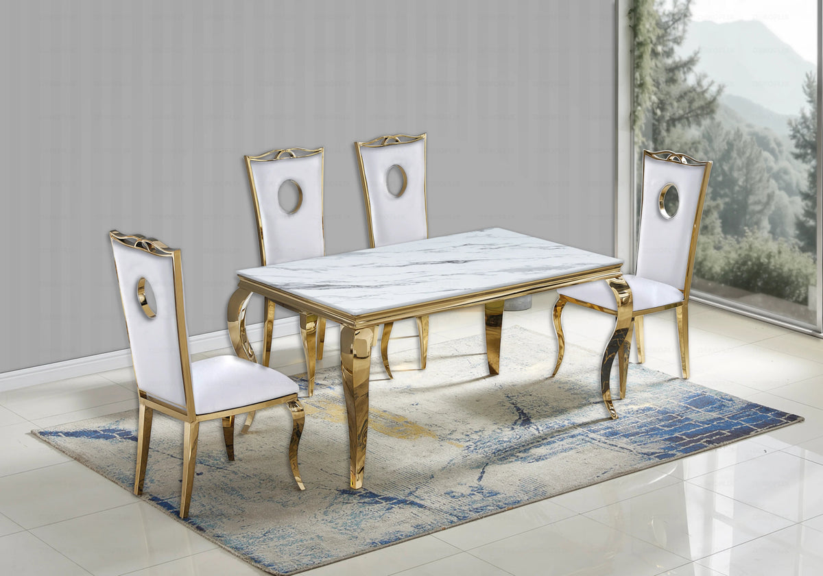 Ensemble table marbre blanc et 4 chaises dorées | Halo