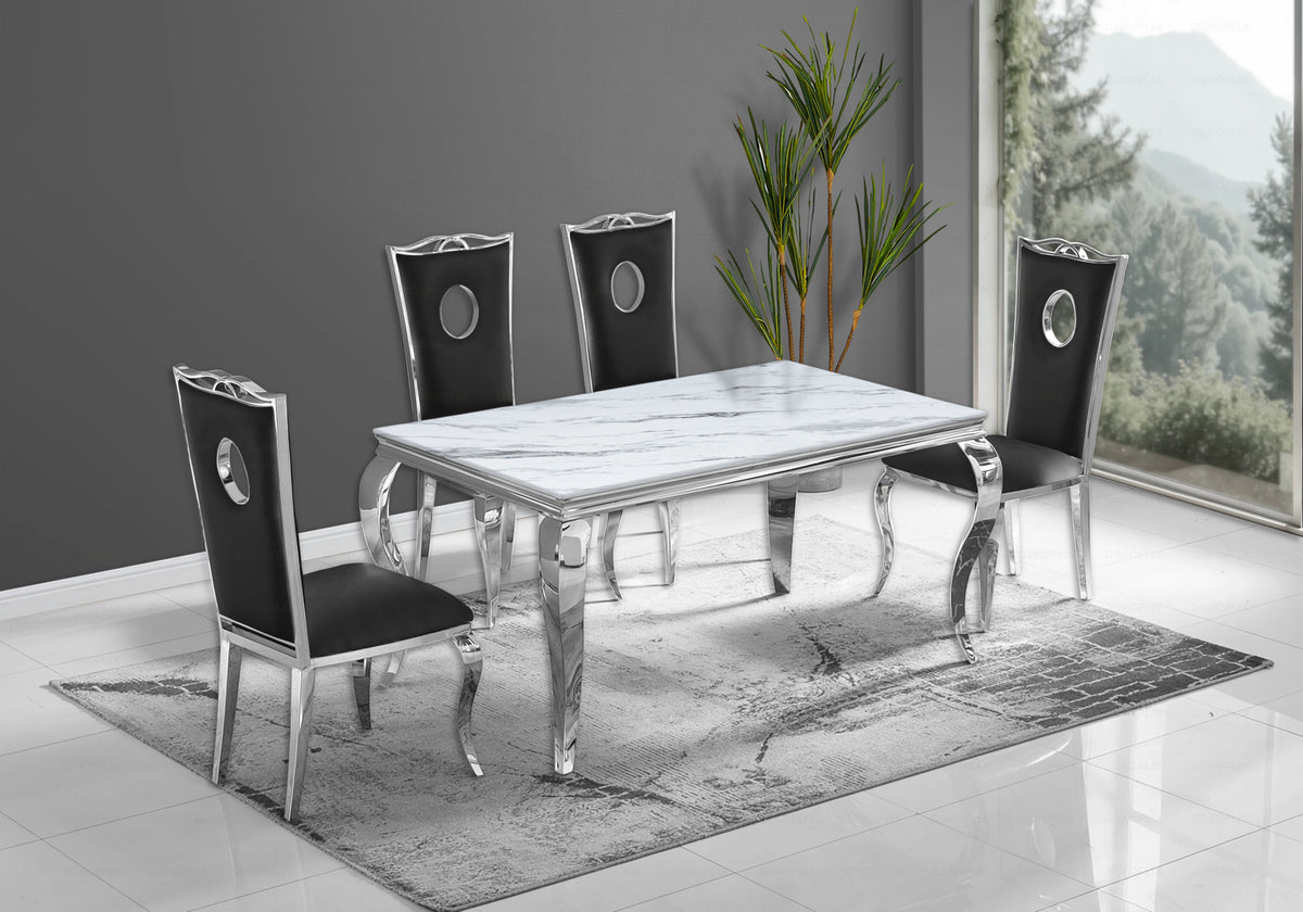 Ensemble table marbre blanc et 4 chaises argent | Halo