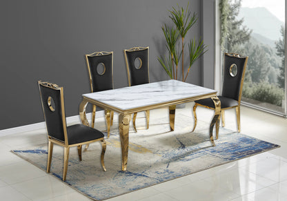 Ensemble table marbre blanc et 4 chaises dorées | Halo