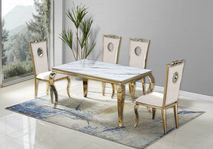 Ensemble table marbre blanc et 4 chaises dorées | Halo