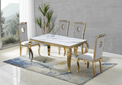 Ensemble table marbre blanc et 4 chaises dorées | Halo