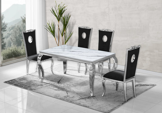 Ensemble table marbre blanc et 4 chaises argent | Halo