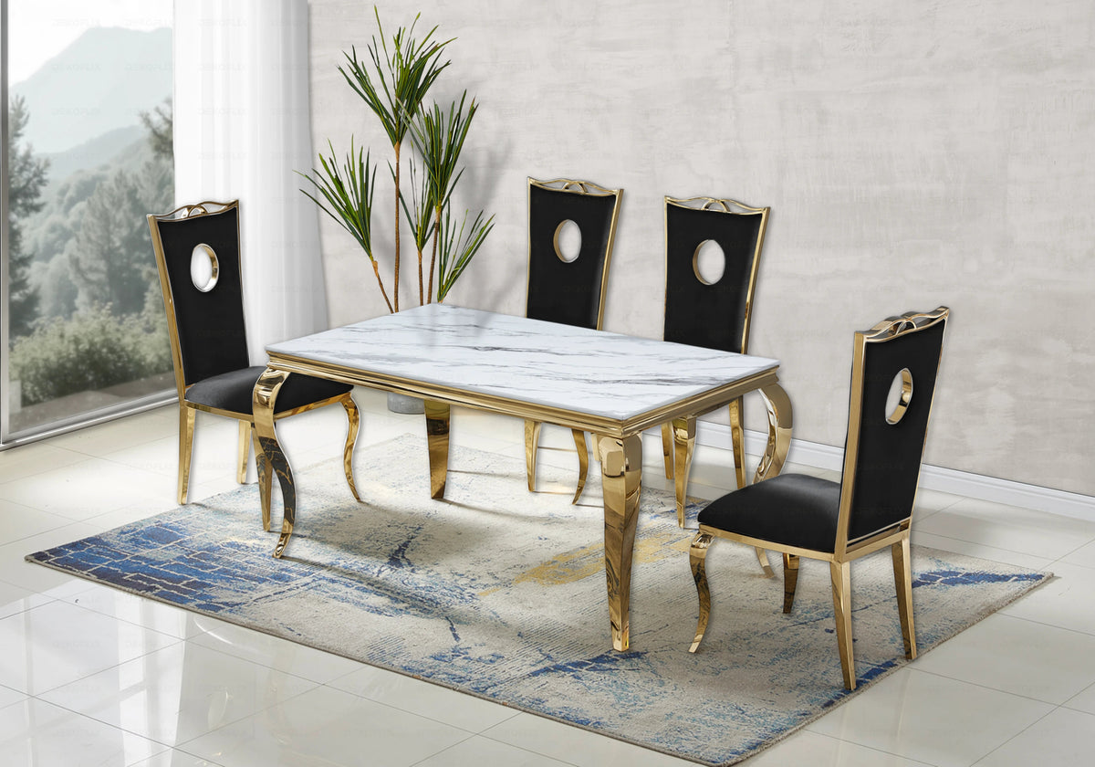 Ensemble table marbre blanc et 4 chaises dorées | Halo
