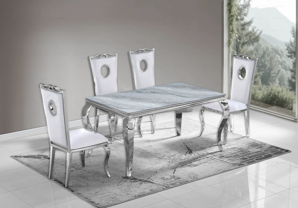Ensemble table marbre gris et 4 chaises argent | Halo