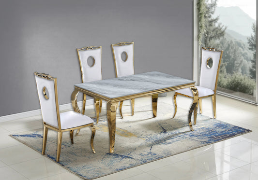 Ensemble table marbre gris et 4 chaises dorées | Halo