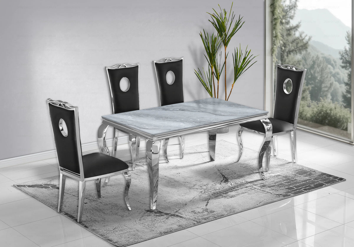Ensemble table marbre gris et 4 chaises argent | Halo