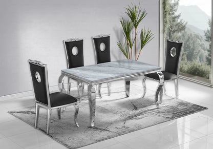 Ensemble table marbre gris et 4 chaises argent | Halo