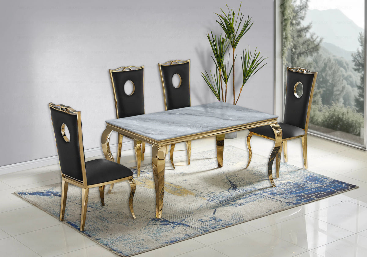 Ensemble table marbre gris et 4 chaises dorées | Halo