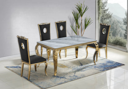Ensemble table marbre gris et 4 chaises dorées | Halo