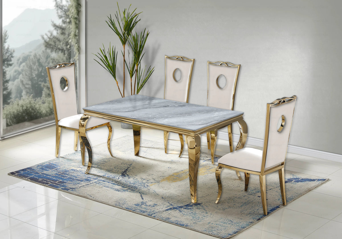 Ensemble table marbre gris et 4 chaises dorées | Halo