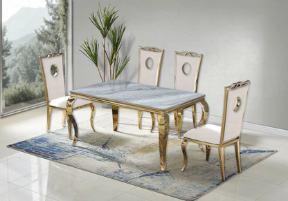 Ensemble table marbre gris et 4 chaises dorées | Halo