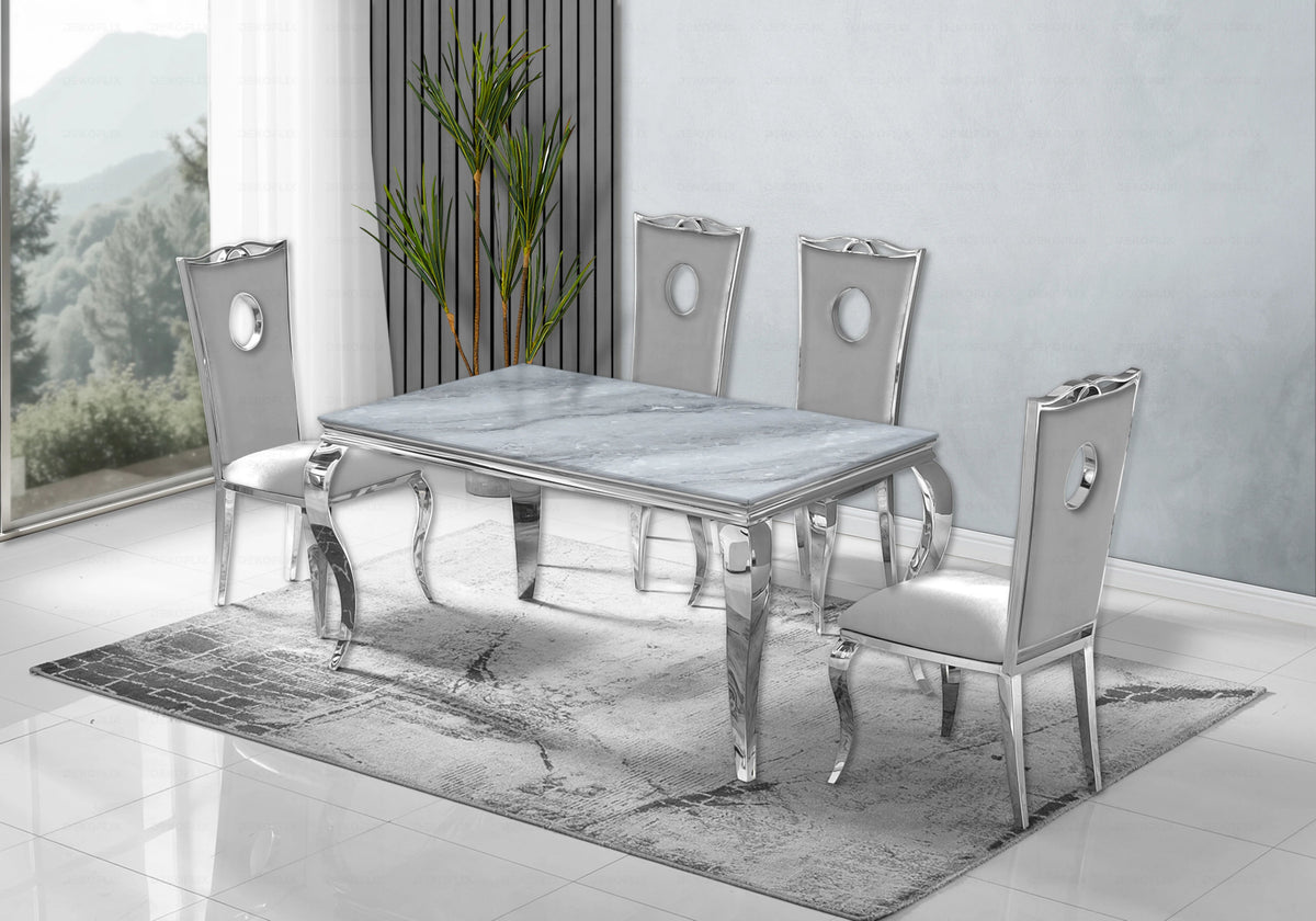 Ensemble table marbre gris et 4 chaises argent | Halo