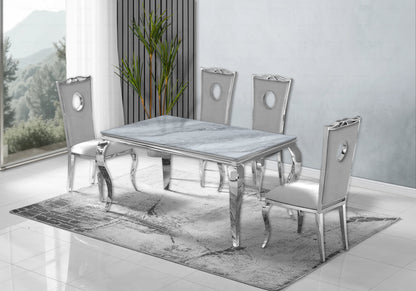 Ensemble table marbre gris et 4 chaises argent | Halo