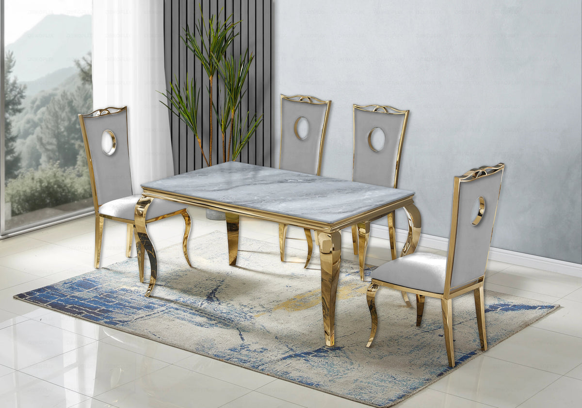 Ensemble table marbre gris et 4 chaises dorées | Halo