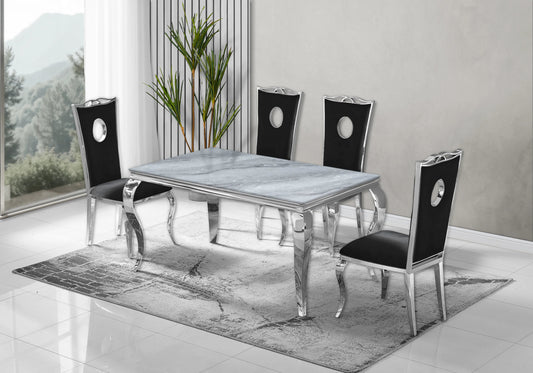 Ensemble table marbre gris et 4 chaises argent | Halo