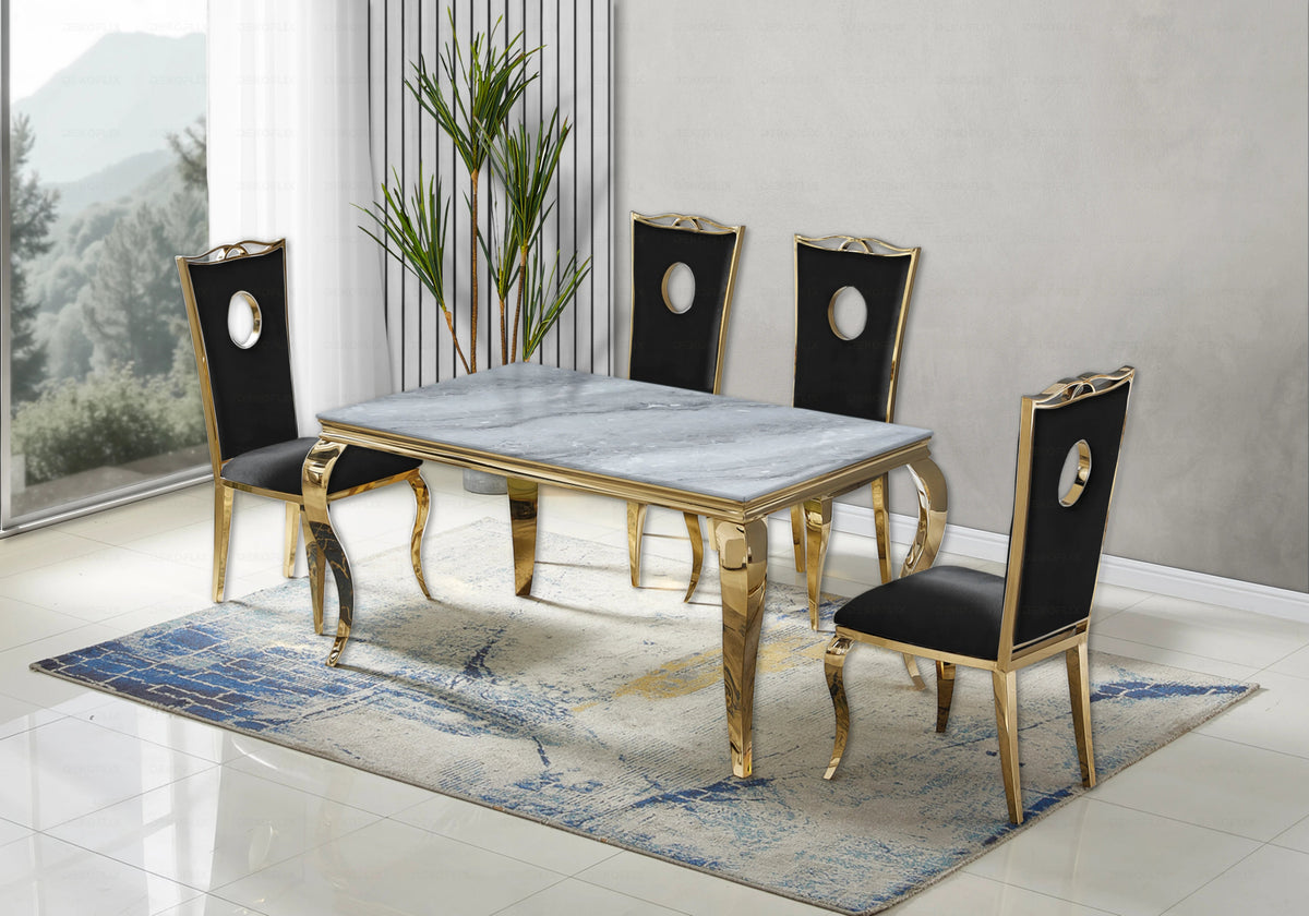 Ensemble table marbre gris et 4 chaises dorées | Halo