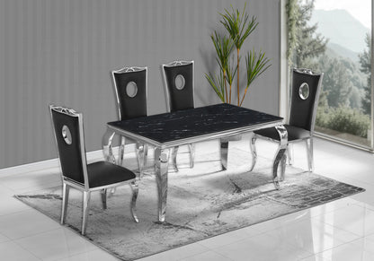 Ensemble table marbre noir et 4 chaises argent | Halo