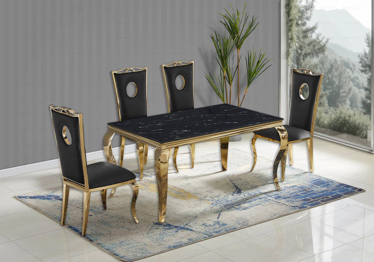 Ensemble table marbre noir et 4 chaises or | Halo