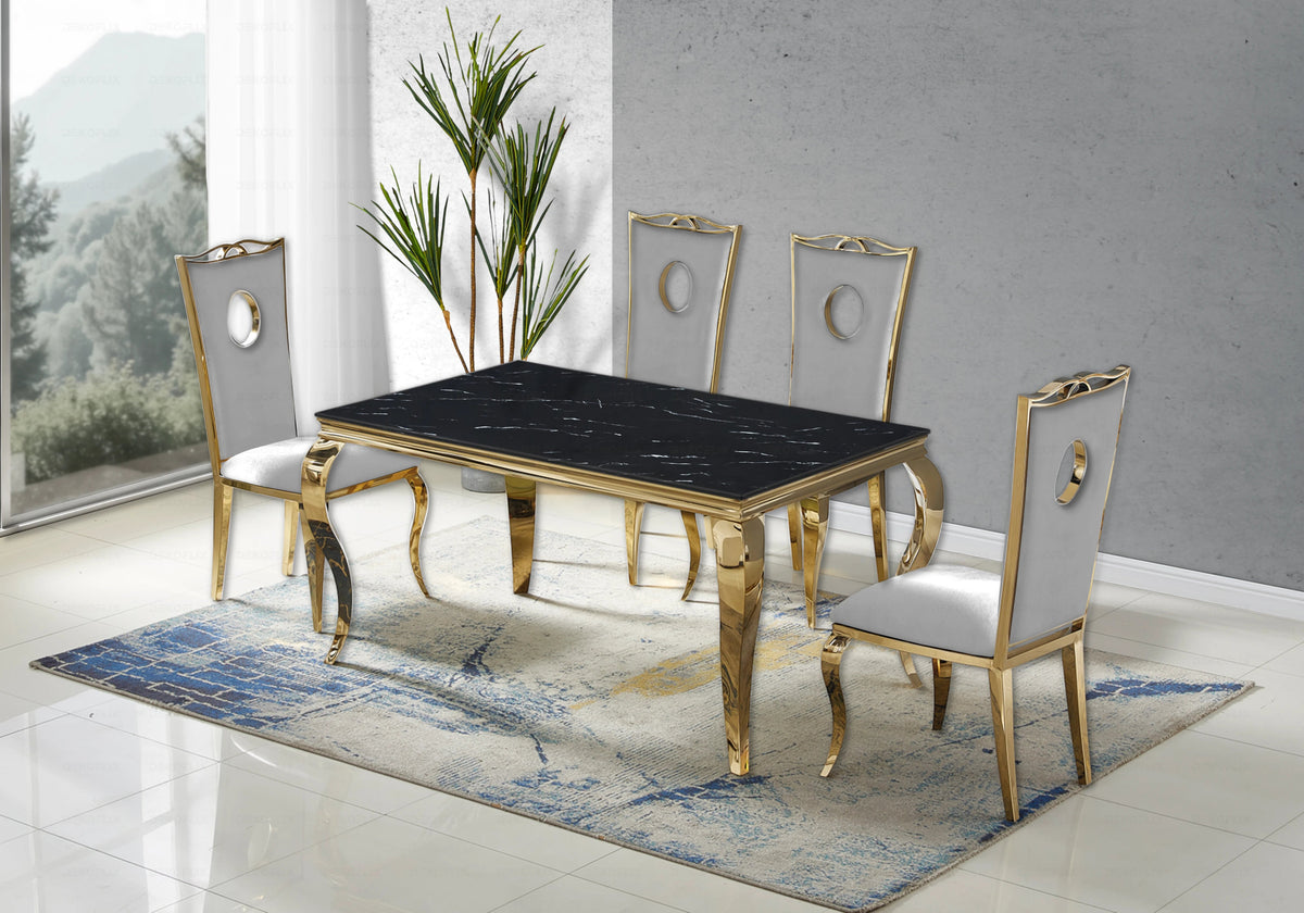 Ensemble table marbre noir et 4 chaises or | Halo