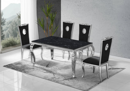 Ensemble table marbre noir et 4 chaises argent | Halo