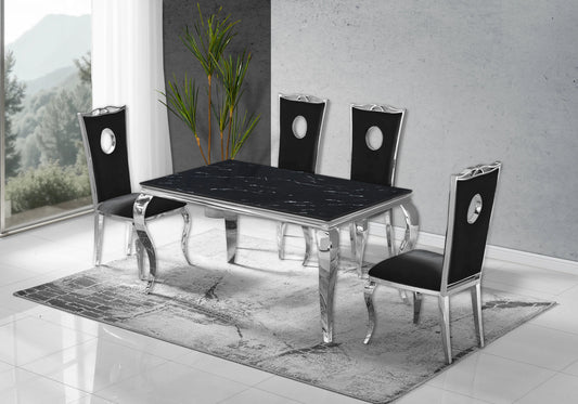 Ensemble table marbre noir et 4 chaises argent | Halo