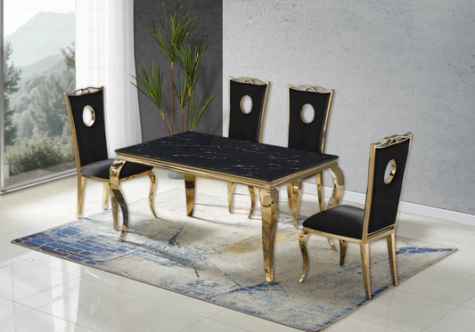 Ensemble table marbre noir et 4 chaises or | Halo