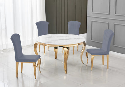 Table ronde marbre blanc et 4 chaises velours or | Halo