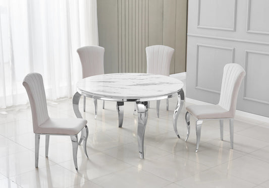 Table ronde marbre blanc et 4 chaises argent | Halo