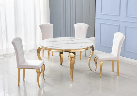 Table ronde marbre blanc et 4 chaises velours or | Halo