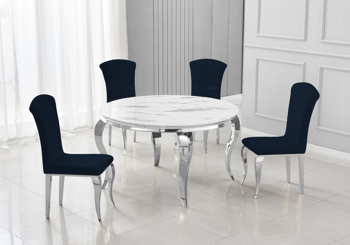 Table ronde marbre blanc et 4 chaises argent | Halo