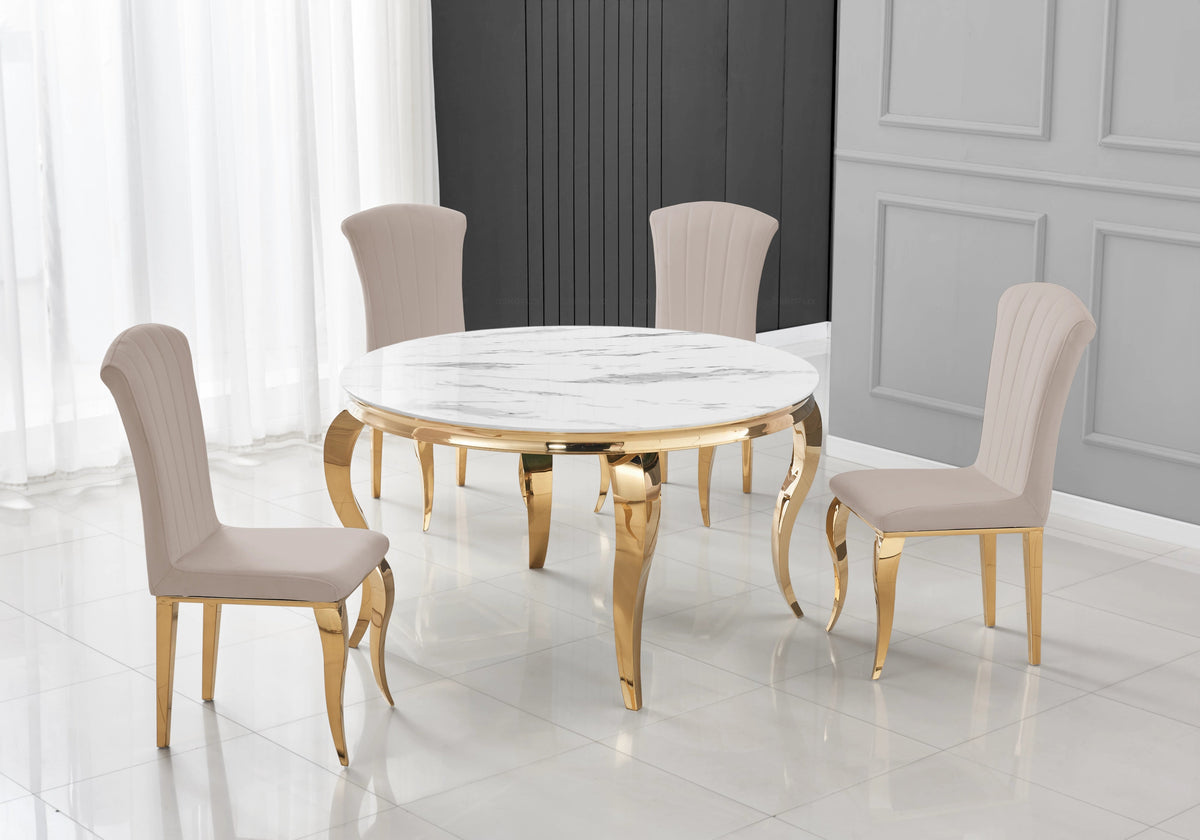 Table ronde marbre blanc et 4 chaises velours or | Halo
