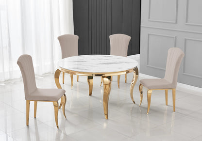 Table ronde marbre blanc et 4 chaises velours or | Halo