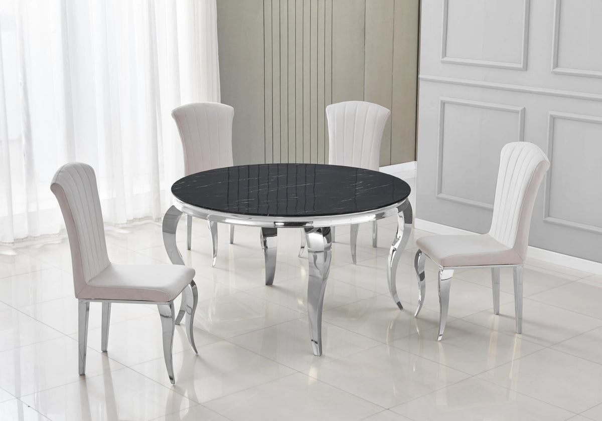 Table ronde marbre noir et 4 chaises argent | Halo