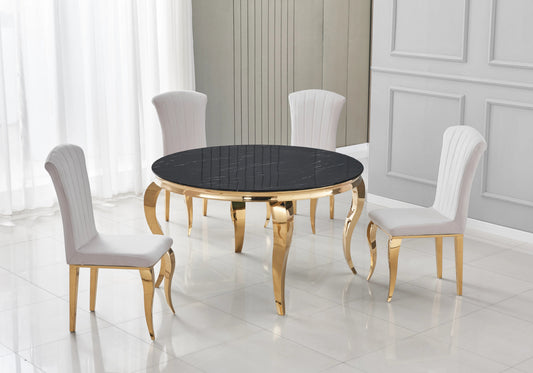 Table ronde marbre noir et 4 chaises velours or | Halo