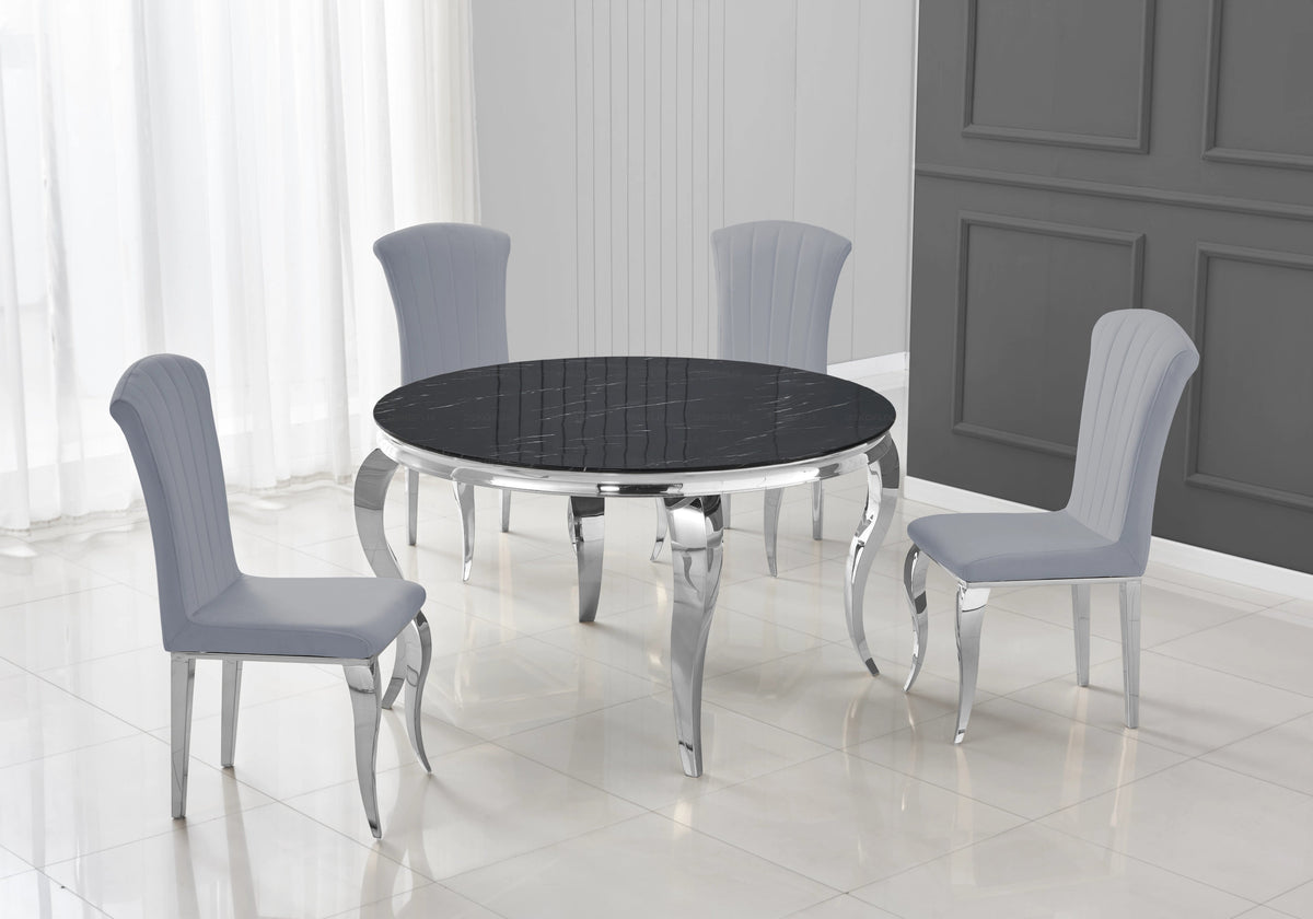 Table ronde marbre noir et 4 chaises argent | Halo